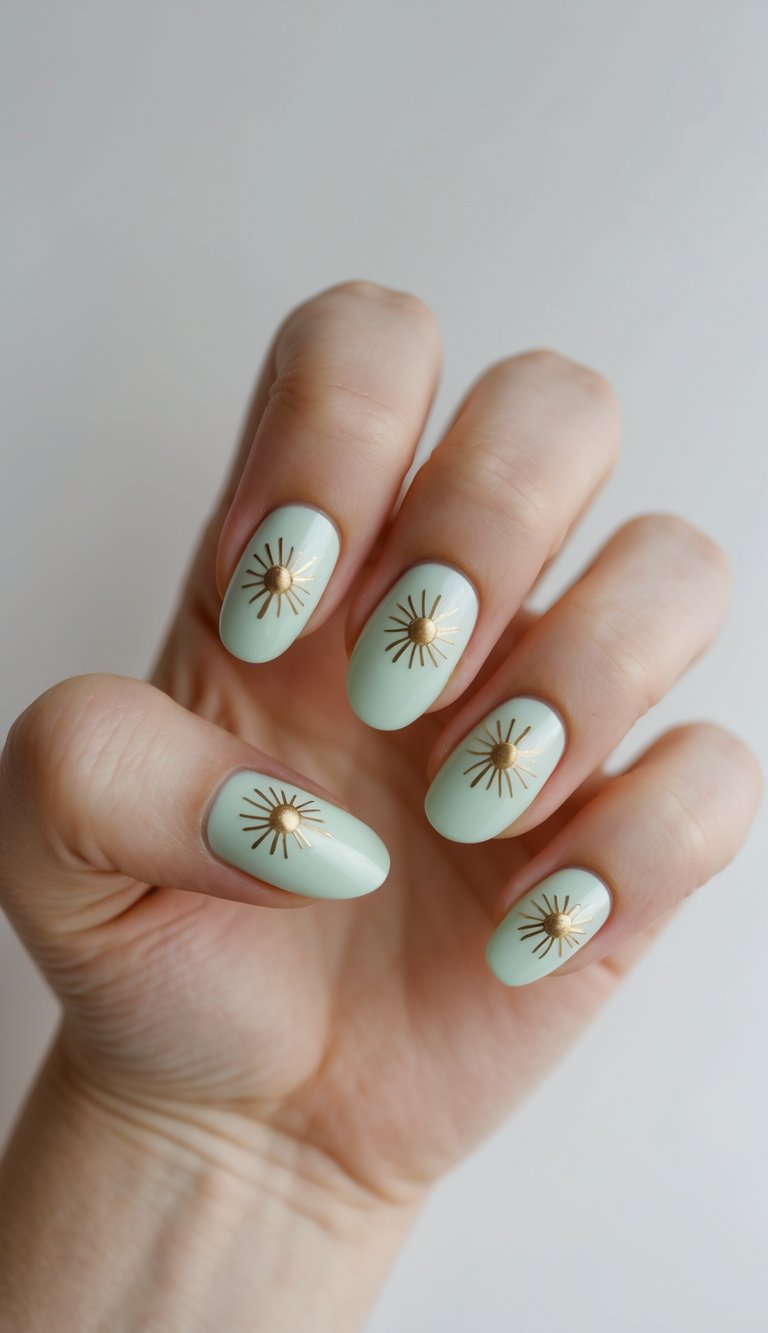 Close-up of one hand with light mint-colored nails and gold sunburst accents against a white background.