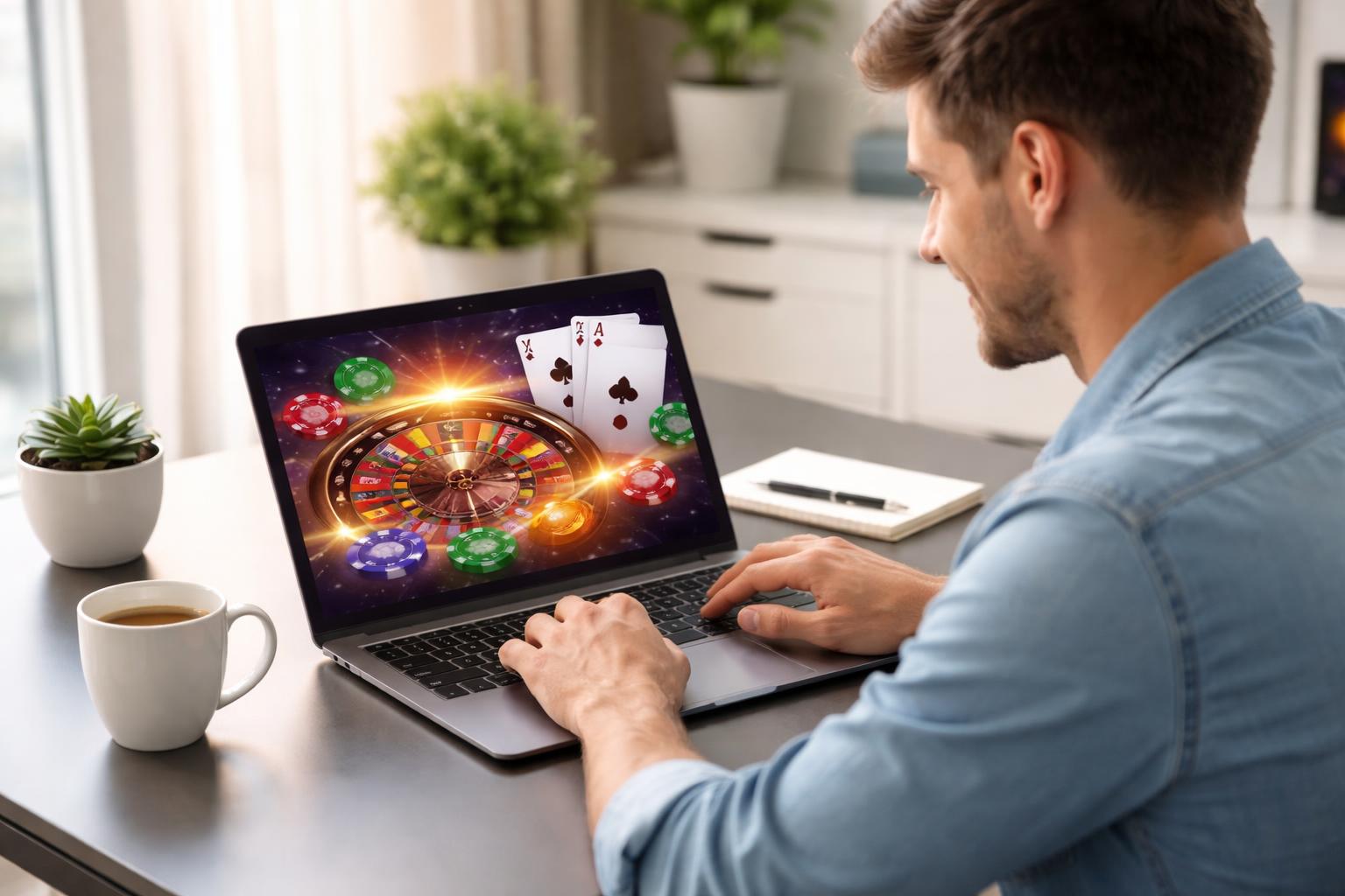 A person sitting at a desk using a laptop showing a casino-themed website, in a bright office setting.
