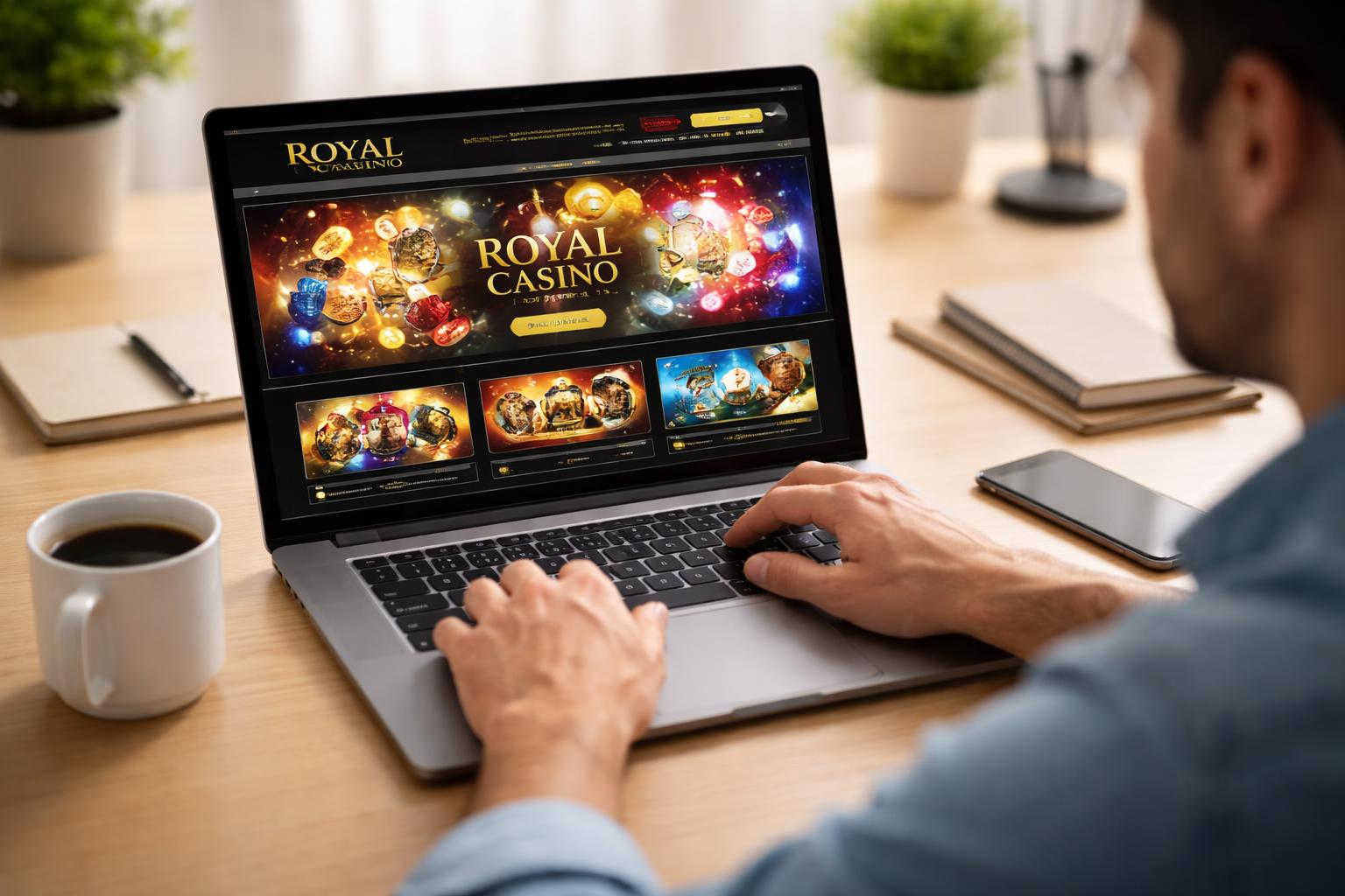 A person using a laptop at a desk to navigate an online casino website.