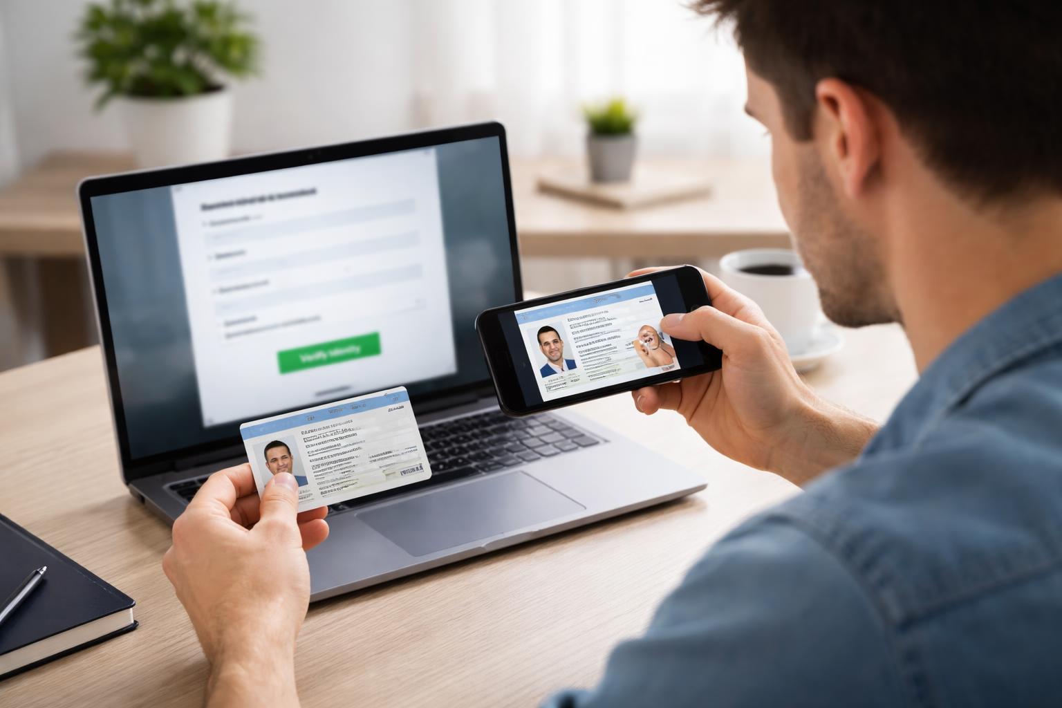 A person at a desk using a laptop and smartphone to verify their identity with an ID card.