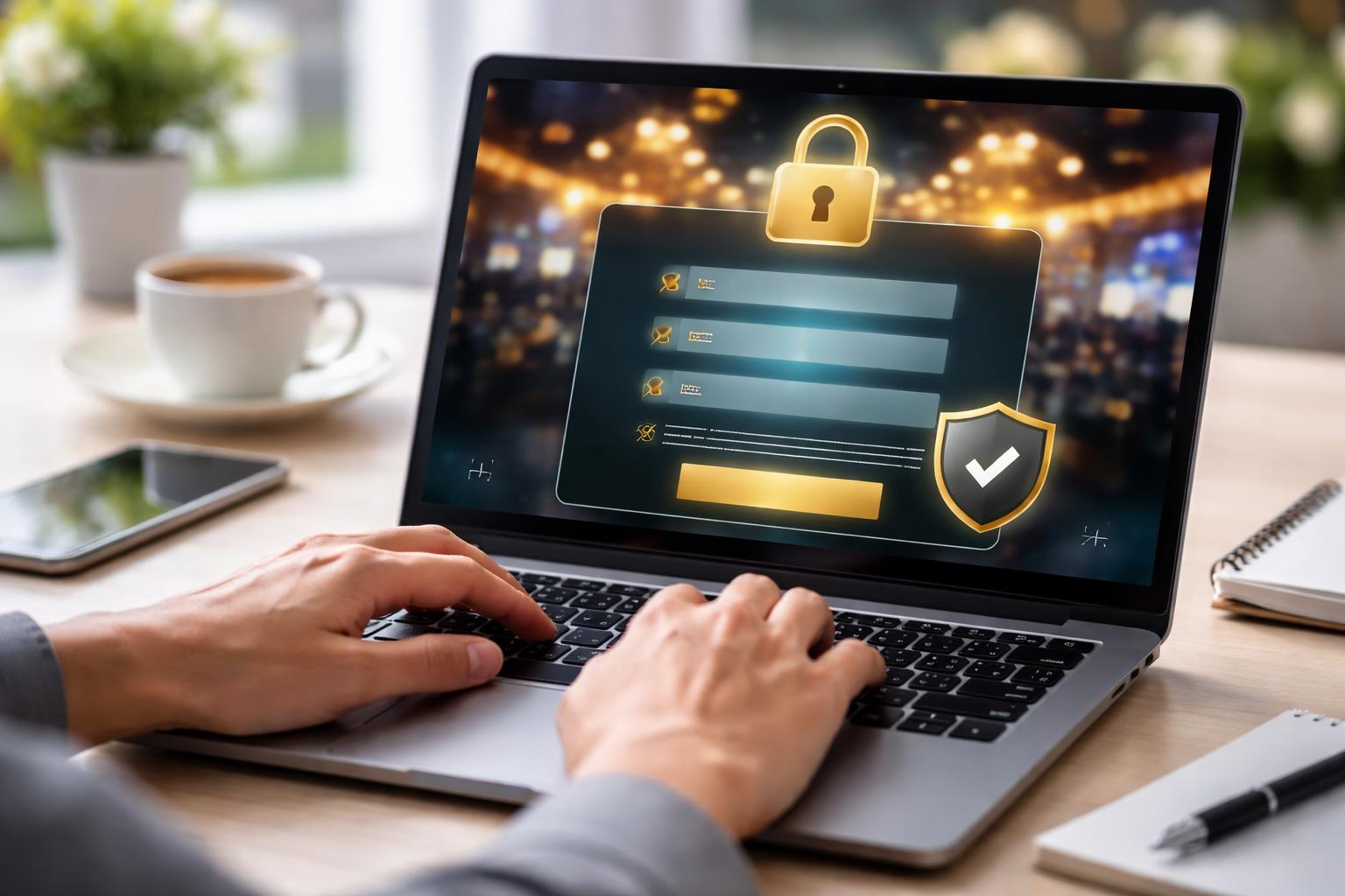Person typing on a laptop showing a secure online registration process with a padlock icon visible on the screen.