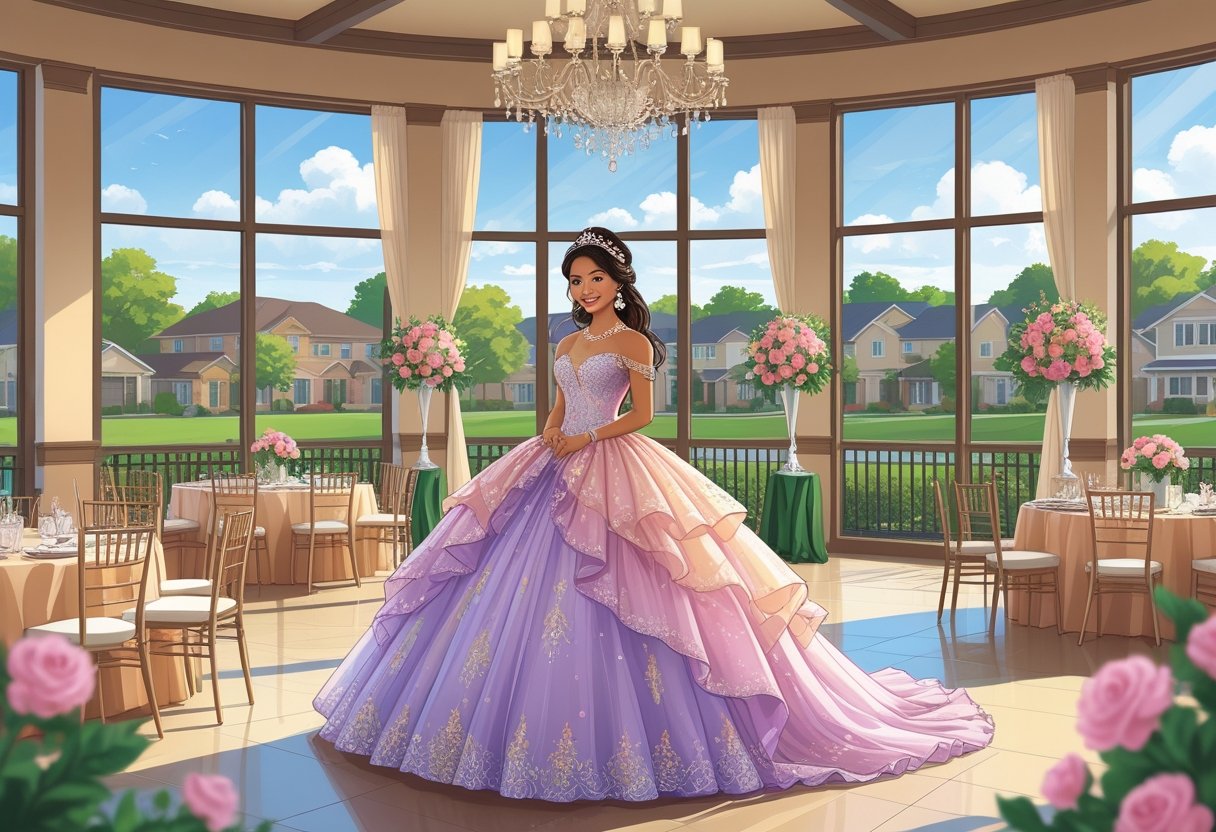 A young girl in a quinceañera gown stands in a decorated event hall with tables, chairs, and floral arrangements, with a sunny suburban neighborhood visible through large windows.
