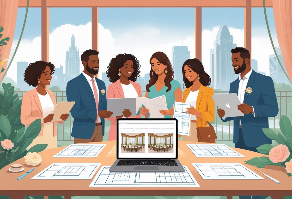 A family and event planner reviewing venue options for a Quinceañera celebration around a table with blueprints and brochures in a bright room with a city skyline visible through the window.