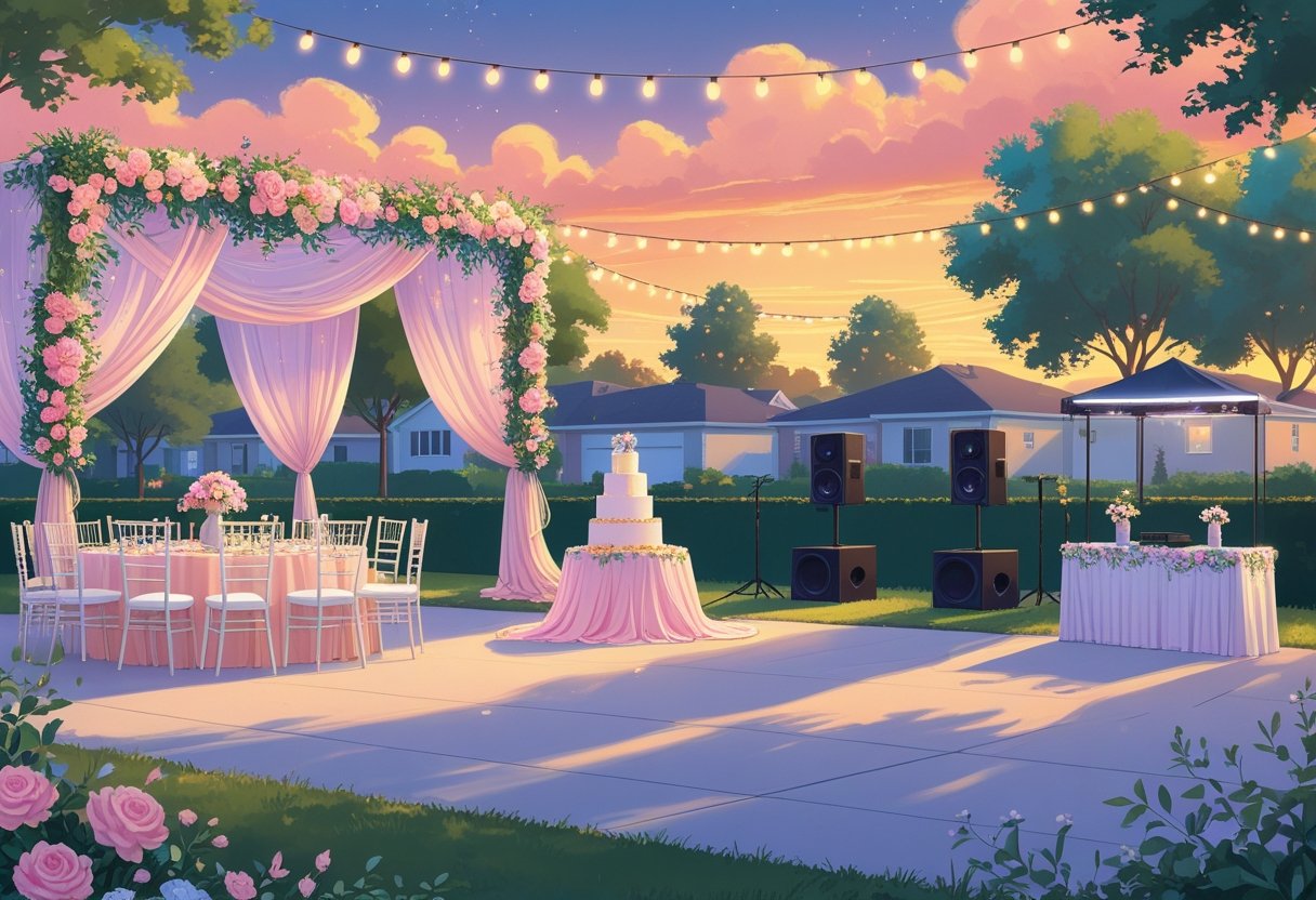 An outdoor Quinceañera celebration setup with decorated tables, chairs, floral arrangements, and DJ equipment at sunset in a suburban neighborhood.