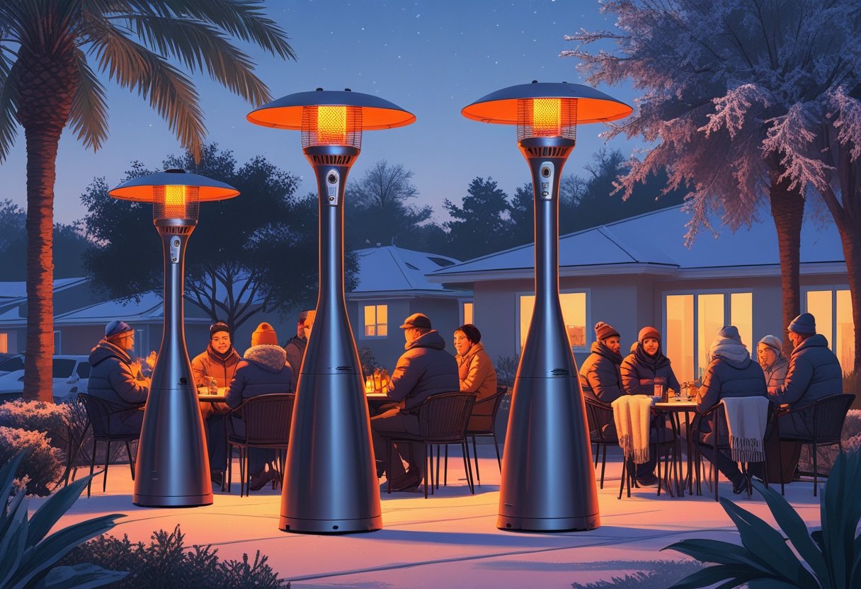 Outdoor winter event with people gathered around patio heaters on a cozy patio surrounded by palm trees and shrubs, under a clear evening sky.