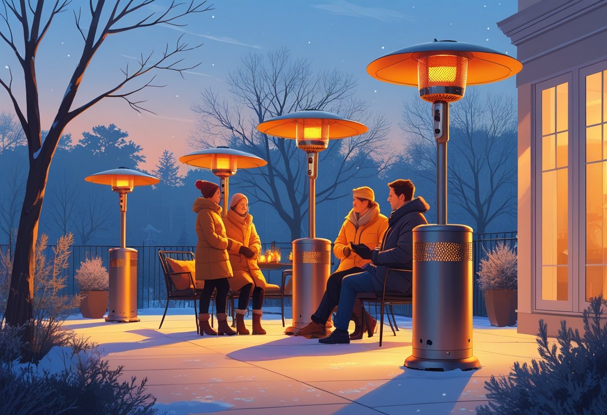 People gathered around patio heaters on a winter evening in an outdoor backyard setting, with bare trees and a clear sky.