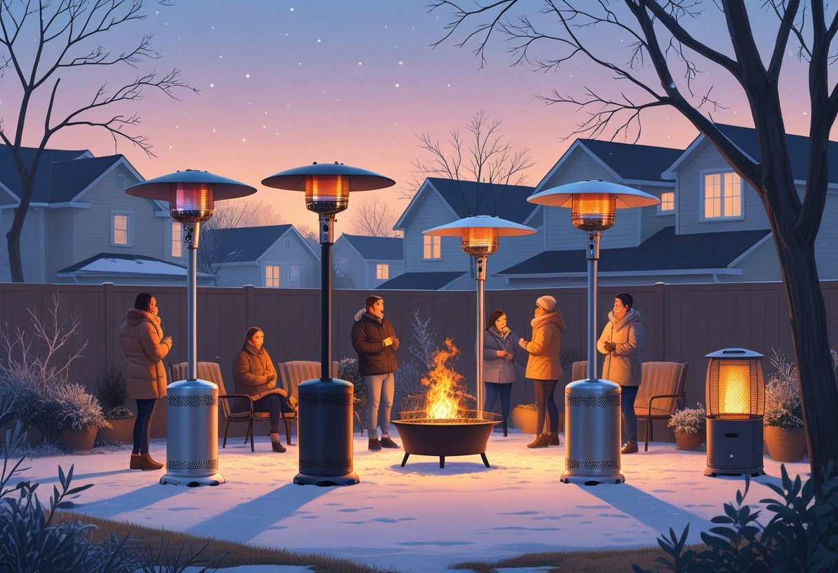 People gathered around various patio heaters in a backyard during a chilly winter evening.