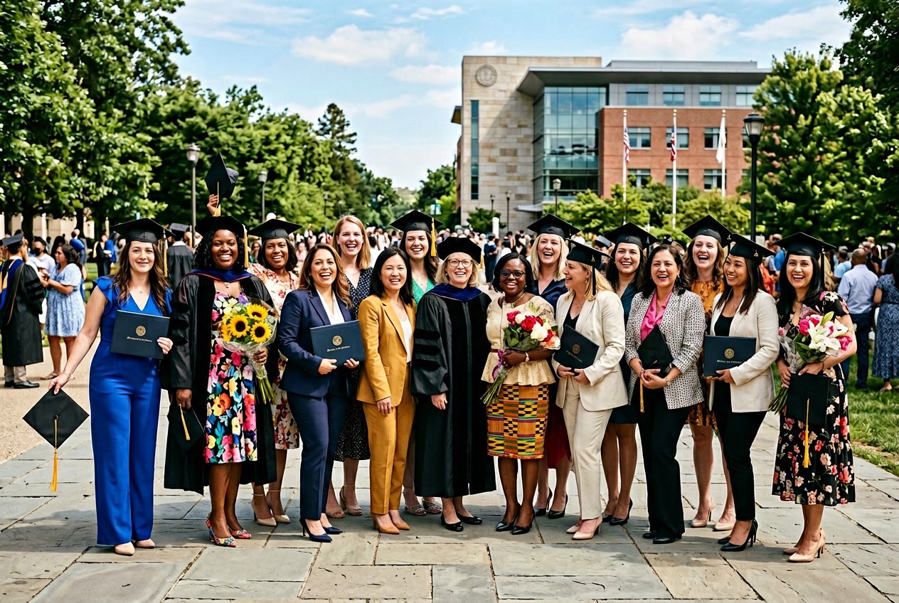 Fifteen mothers wearing a variety of graduation outfits stand together outdoors, smiling and holding diplomas and flowers in warm afternoon light.