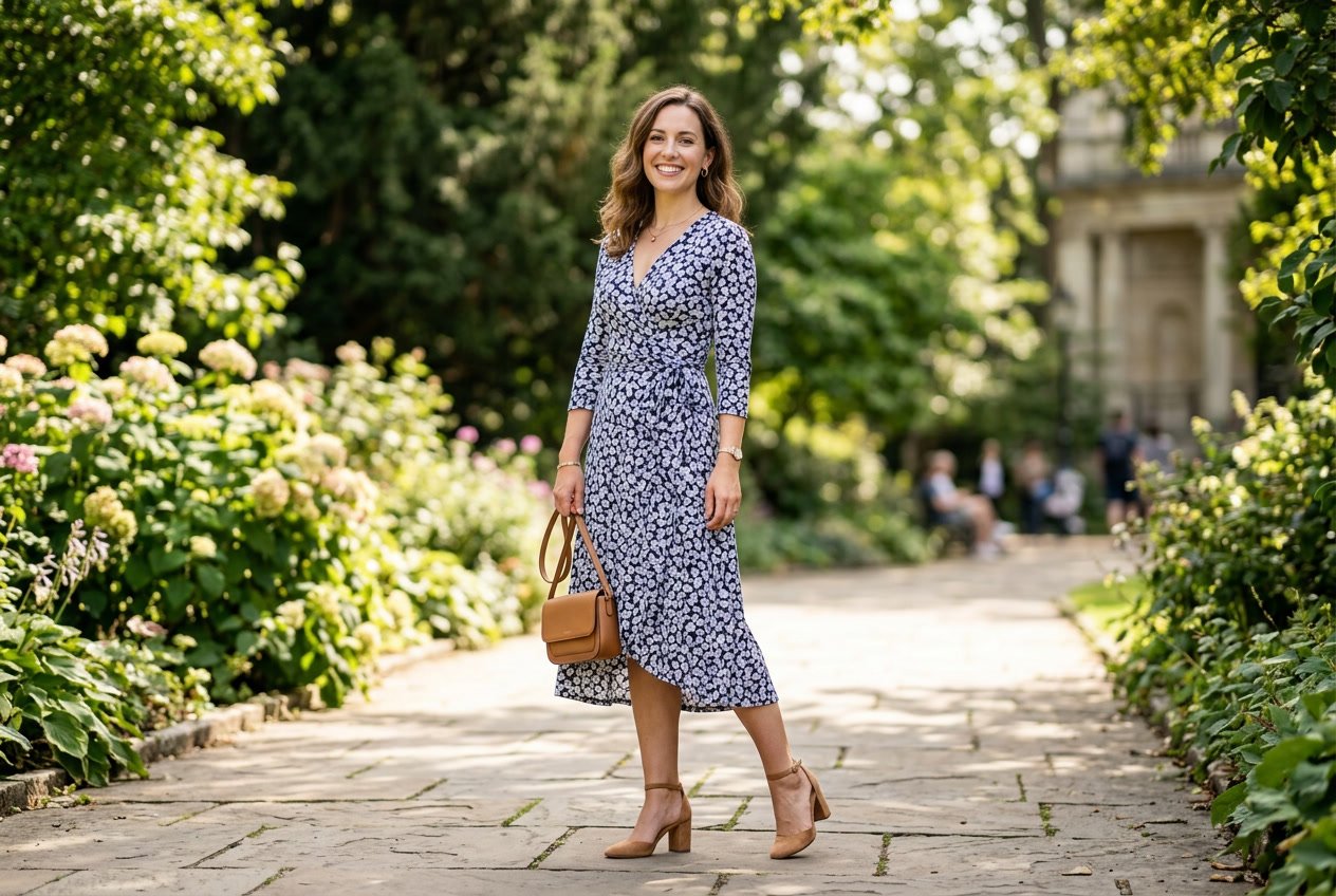 A woman standing on a sunlit walkway wearing a midi wrap dress in a soft neutral tone and block heels, with green garden hedges behind her.