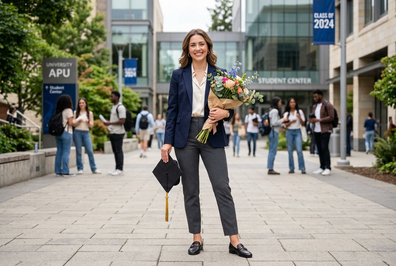 A woman standing outdoors holding a bouquet of mixed flowers and a graduation cap, wearing a fitted blazer and slim trousers, smiling warmly.
