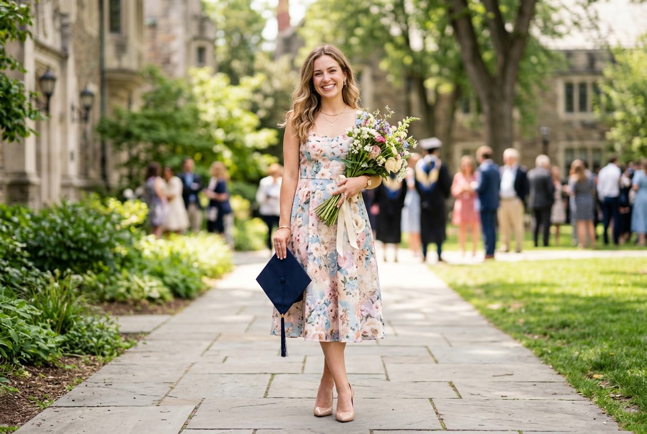 A woman standing outdoors in bright natural light wearing a floral-print tea dress with a fitted bodice and full skirt, holding a graduation cap and smiling.