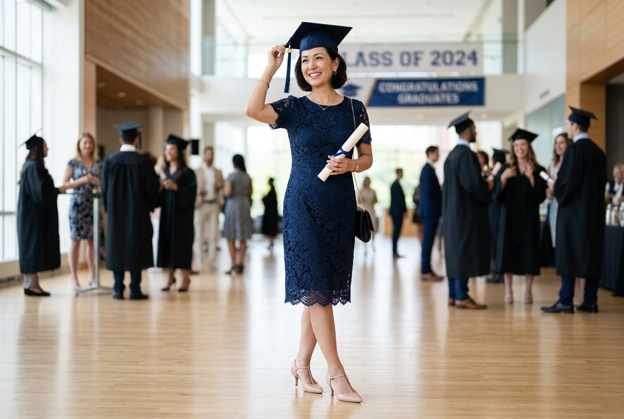 A woman wearing a fitted lace sheath dress in a soft champagne tone standing indoors with a quietly proud expression.