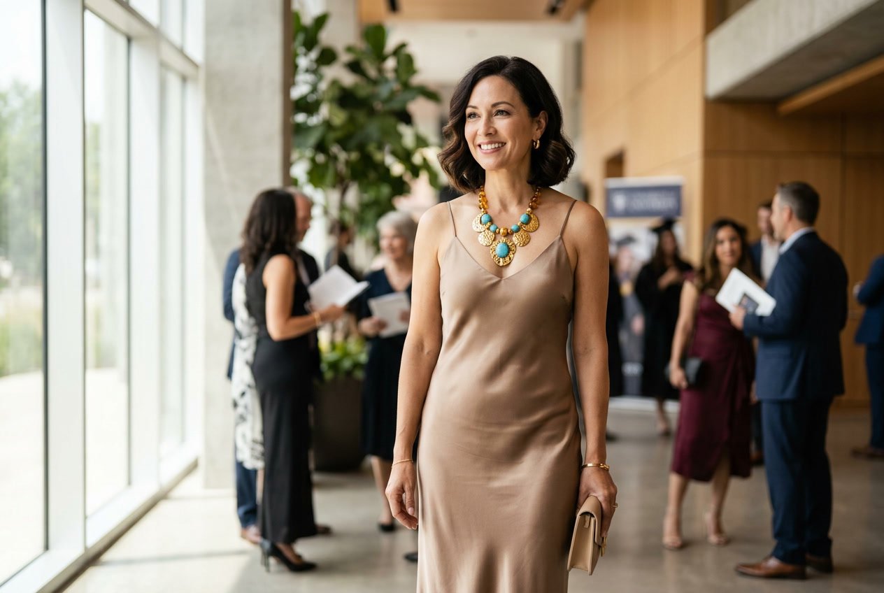 A woman wearing a satin slip dress in a dusty rose shade standing indoors with a chunky geometric statement necklace, looking relaxed and confident.