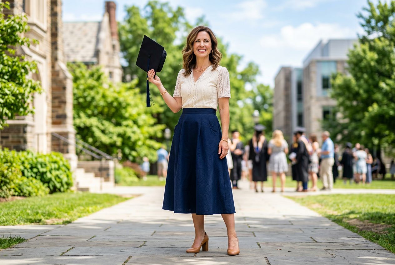 A woman standing outside on a sunny day in a high-waist midi A-line skirt and a tucked-in fitted blouse, holding a graduation cap and smiling broadly.