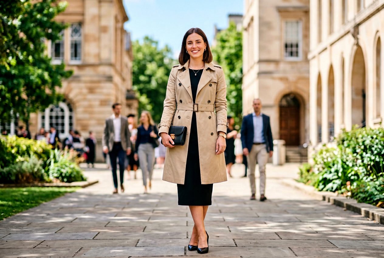 A woman standing outdoors wearing a classic beige trench coat belted at the waist over a black fitted pencil dress, smiling gently with trees in the background.