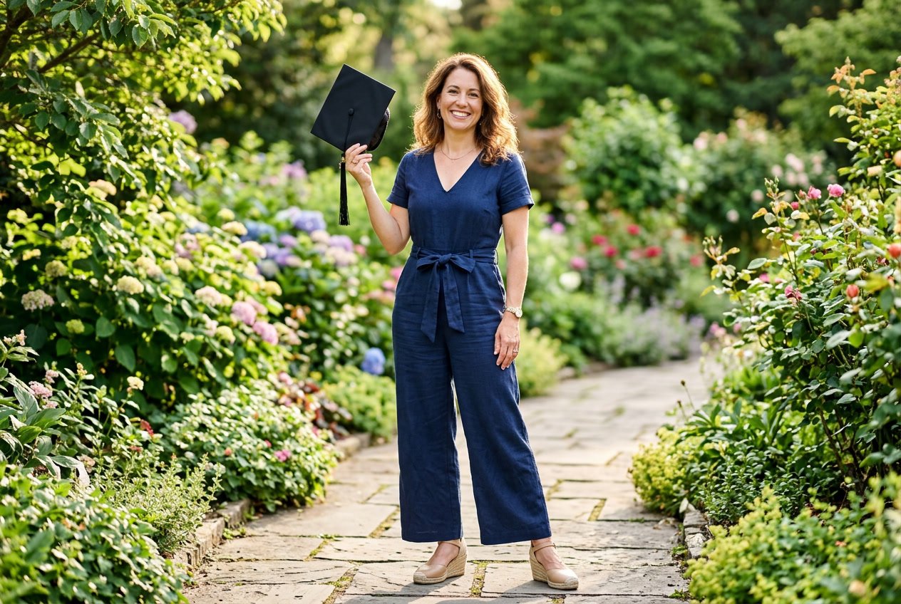 A woman standing in a sunny garden wearing a wide-leg tailored jumpsuit and wedge sandals, holding a graduation cap and grinning.