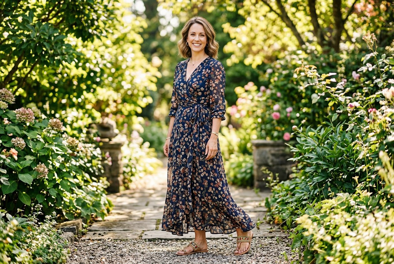 A woman standing in a garden setting wearing a flowing maxi wrap dress in a warm jewel tone with flat sandals featuring metallic bead detailing.