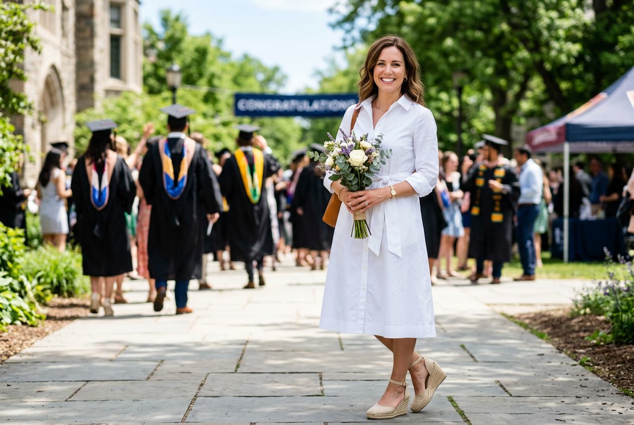 A woman wearing a crisp white button-through shirt dress with a belted waist and espadrille wedges, standing outdoors at a graduation event in bright afternoon light.