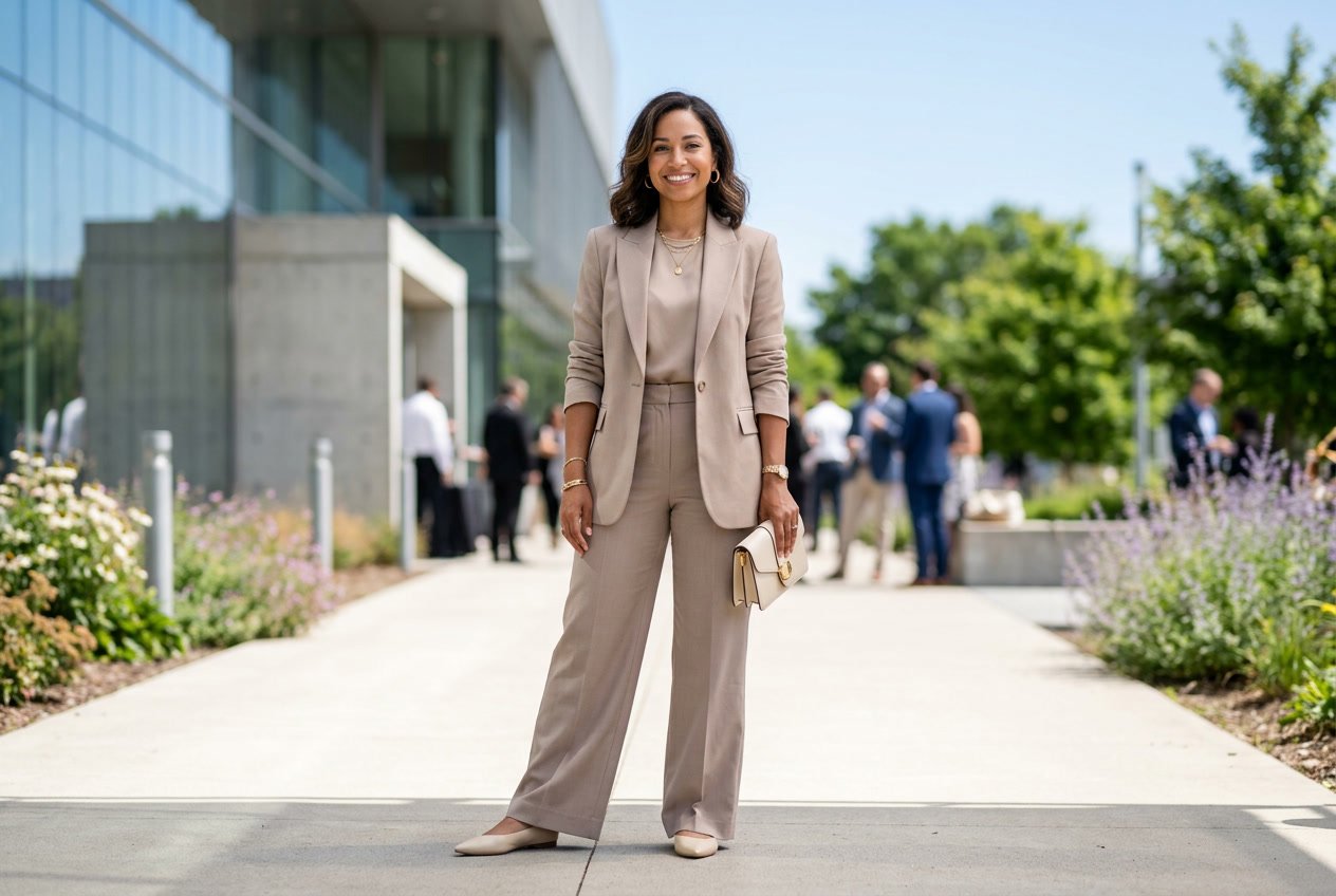 A woman standing near a modern building exterior in a matching wide-leg trouser suit in warm cream, wearing pointed-toe flats and standing in direct sunlight.
