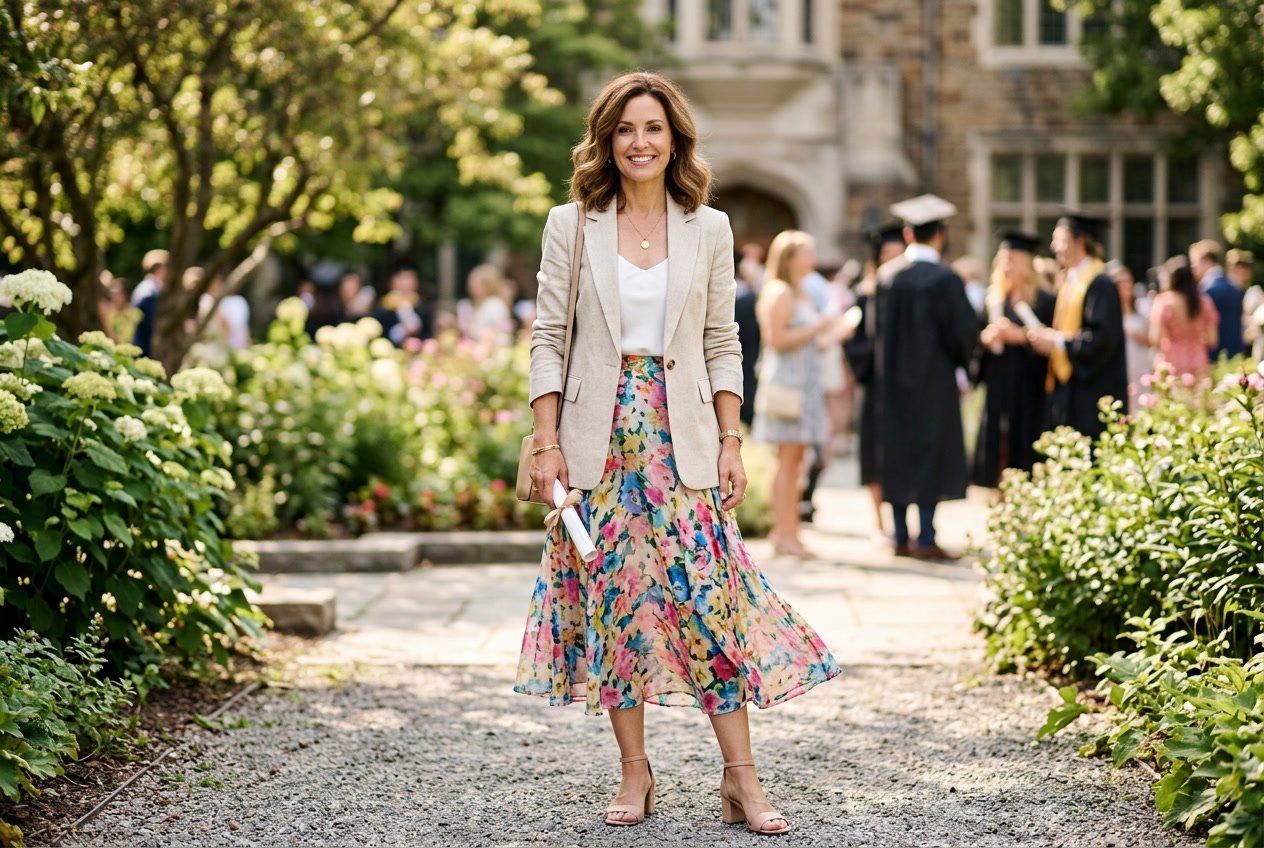 A woman standing in front of a soft-focus garden background wearing a pastel blazer over a floral midi skirt with a scattered small-print pattern, smiling.