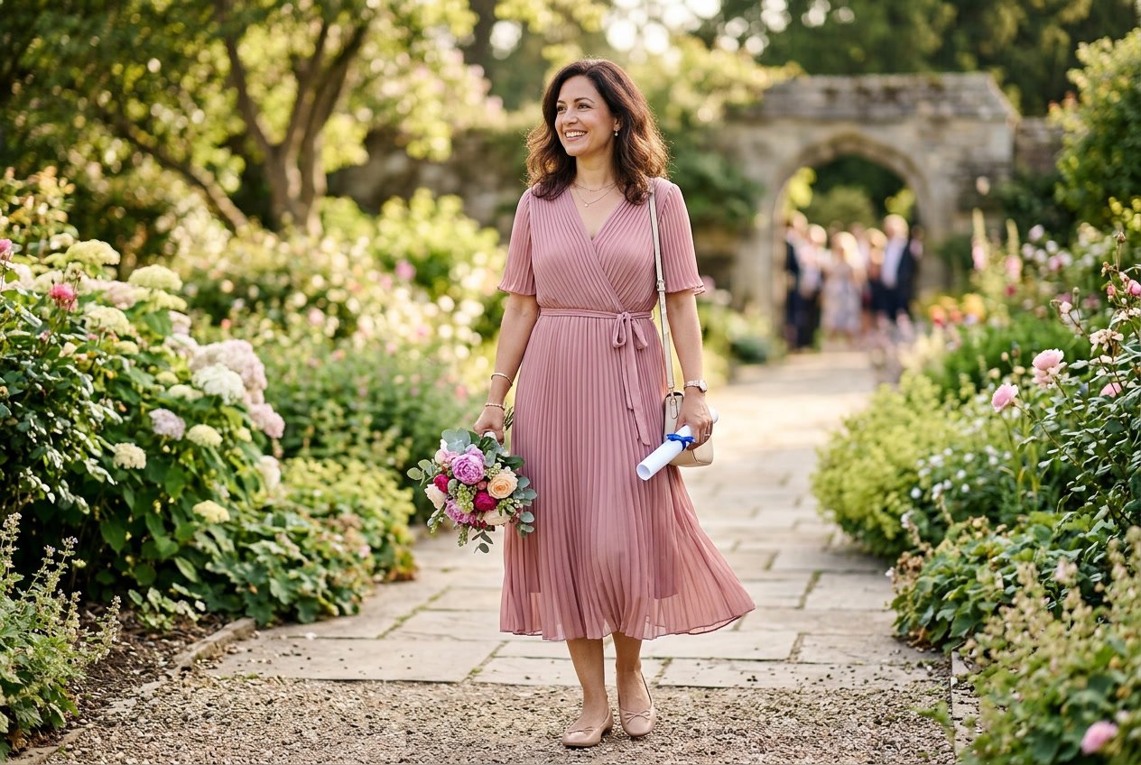 A woman standing outdoors wearing a pleated midi dress in a soft blush tone, the fabric catching slight movement, with ballet flats visible at the hem.