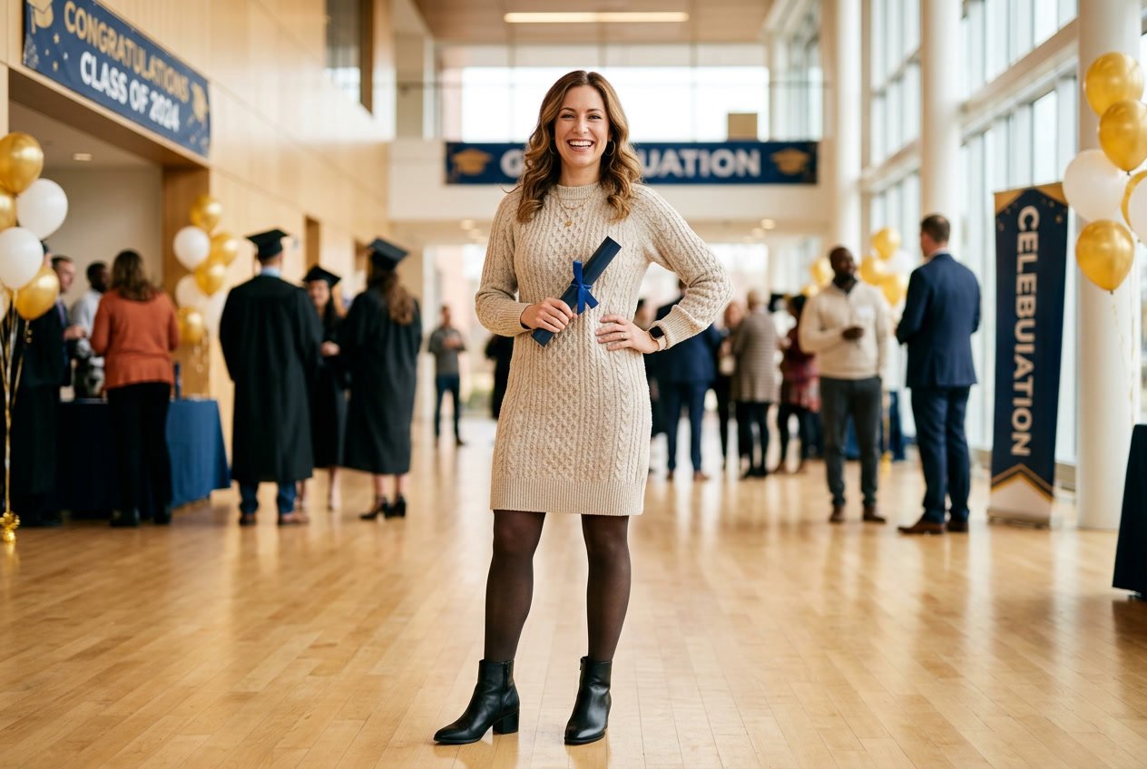A woman standing indoors wearing a fitted ribbed knit sweater dress in warm camel with leather ankle booties, smiling with relaxed confidence.