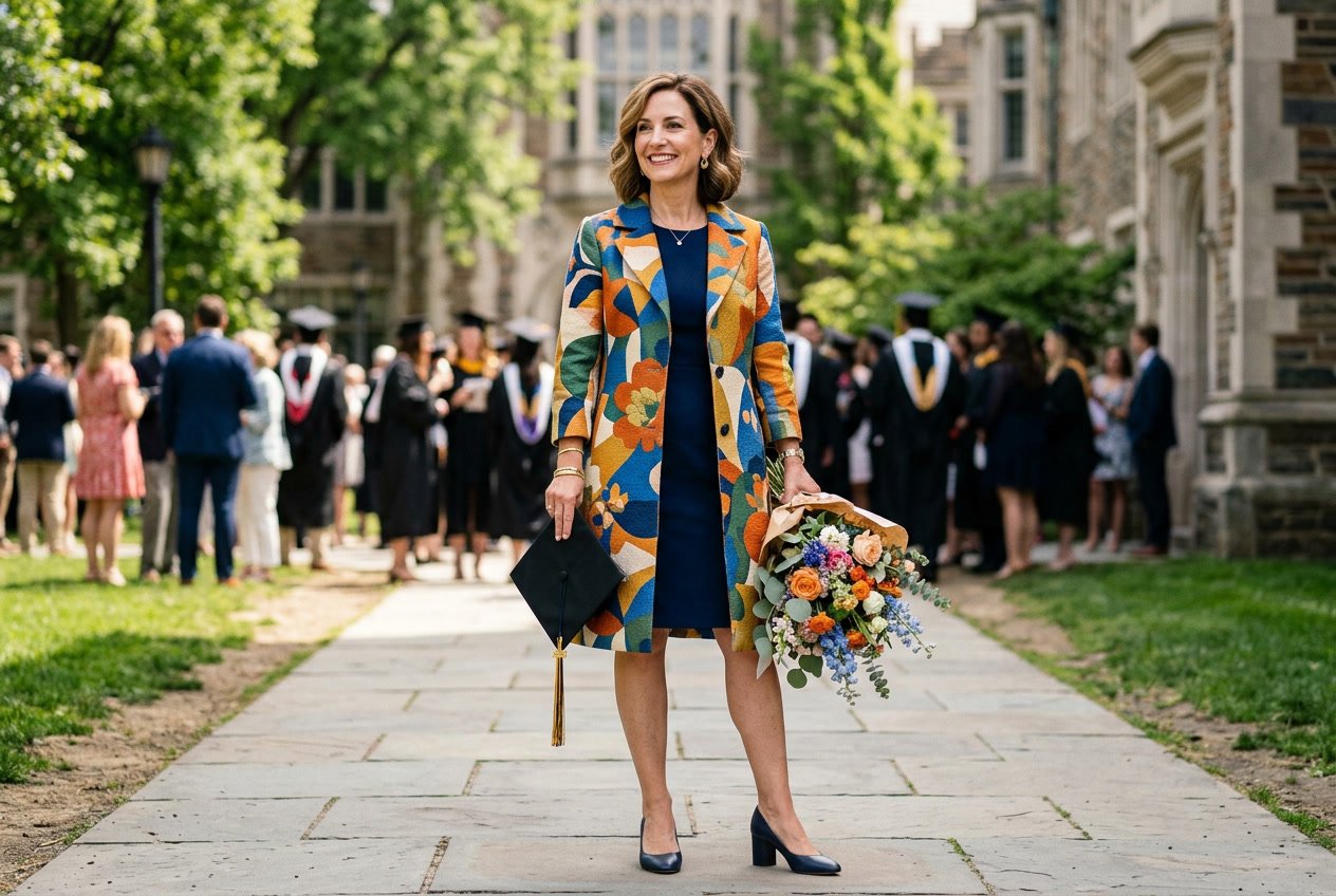 A woman standing outdoors holding a graduation cap and flowers, wearing a boldly colored or textured statement coat layered over a simple shift dress.