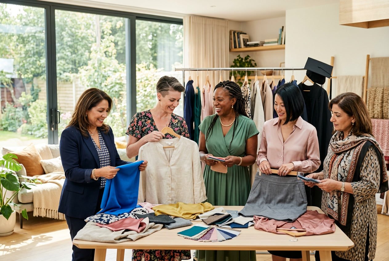A group of women of different body types reviewing fabric swatches and outfit options together in a bright, naturally lit room.