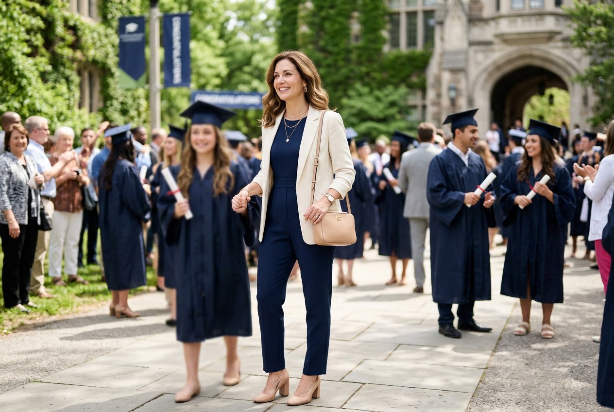 A stylishly dressed mother at a graduation ceremony, wearing understated gold jewelry and carrying a small structured bag, with gowned graduates visible in the background.