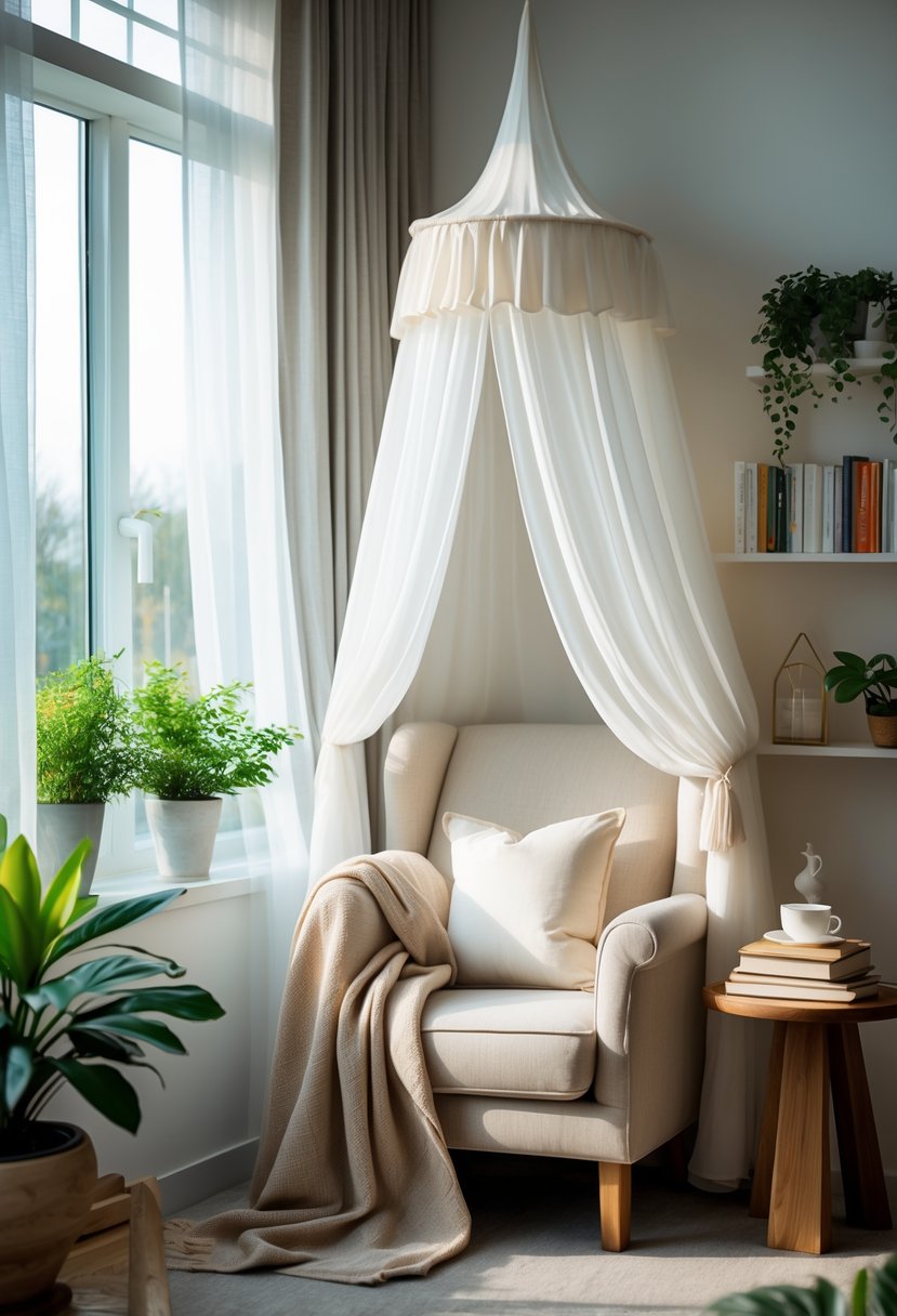 A cozy indoor reading nook with a fabric canopy over an armchair next to a window, surrounded by plants and books.