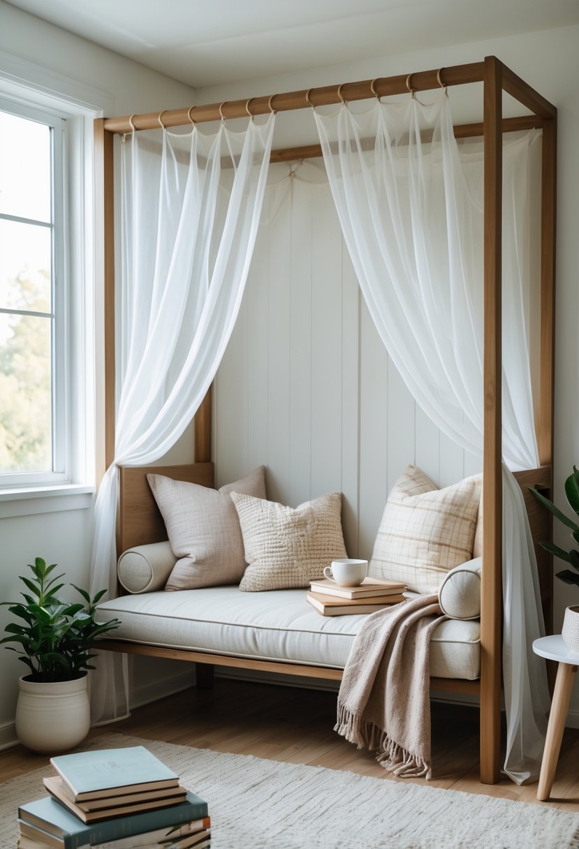 A cozy corner reading nook with a sheer fabric canopy, cushioned bench, pillows, books, a throw blanket, a potted plant, and a small side table with a cup of tea.