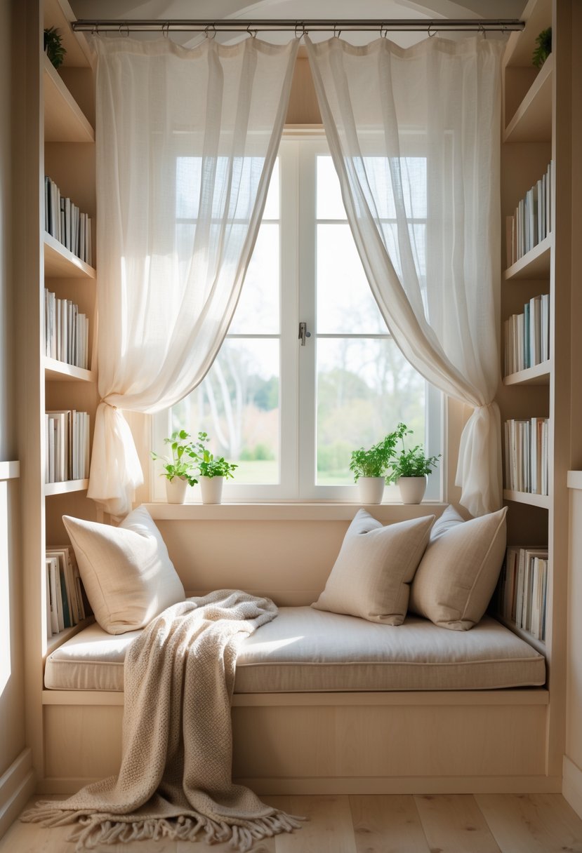 A cozy window canopy reading nook with cushions and books, illuminated by natural sunlight.