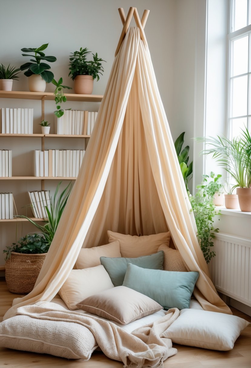 A cozy indoor reading nook with a tent-style canopy, cushions, bookshelves, and plants.