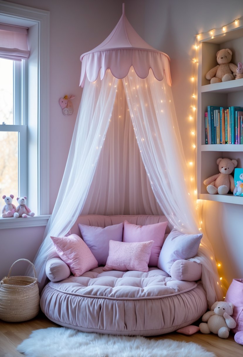 A cozy child's reading nook with a sheer canopy, cushioned seating, pastel pillows, fairy lights, books, and stuffed animals.