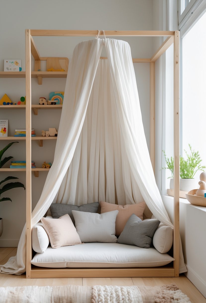 A cozy small wooden canopy nook with cushions and children's books in a bright, clean room.