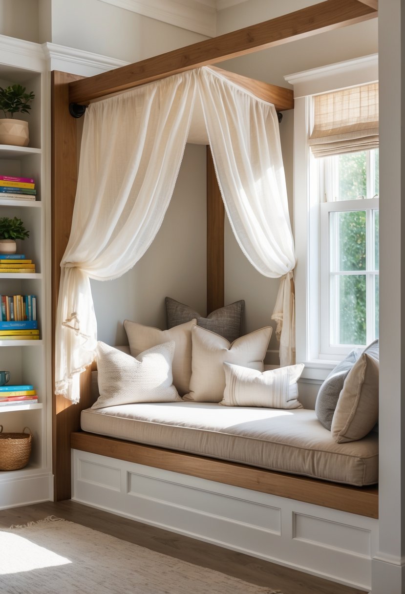 A built-in reading bench with cushions and a canopy frame surrounded by bookshelves in a bright room.
