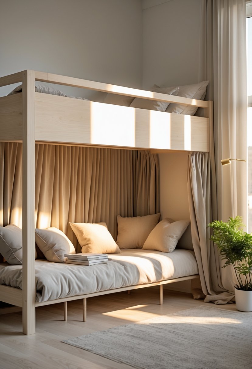 Loft bed with a cozy canopy reading nook underneath, featuring cushions and books in a bright, inviting room.