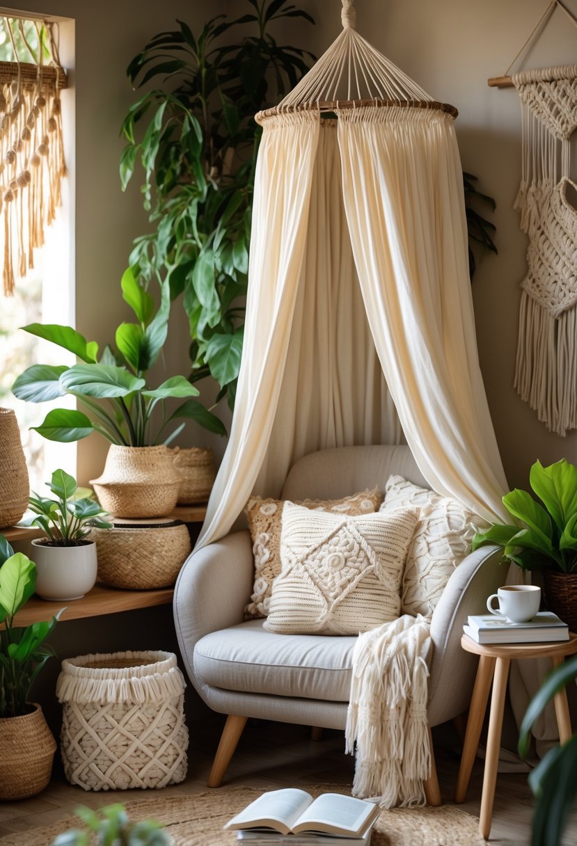 A cozy indoor reading nook with a fabric canopy, cushioned seat, plants, and a small side table with books and a cup.