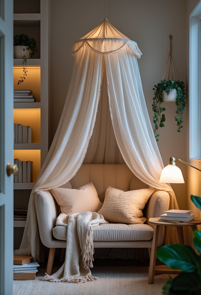 A cozy indoor reading nook with a fabric canopy, cushioned seat, pillows, books, and a small table with a cup and lamp.