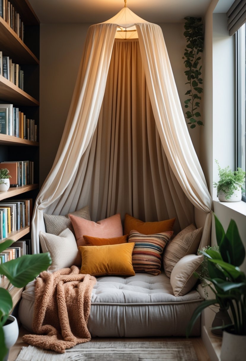 A cozy reading nook with a fabric canopy, cushioned seating, pillows, bookshelves, and soft natural light.