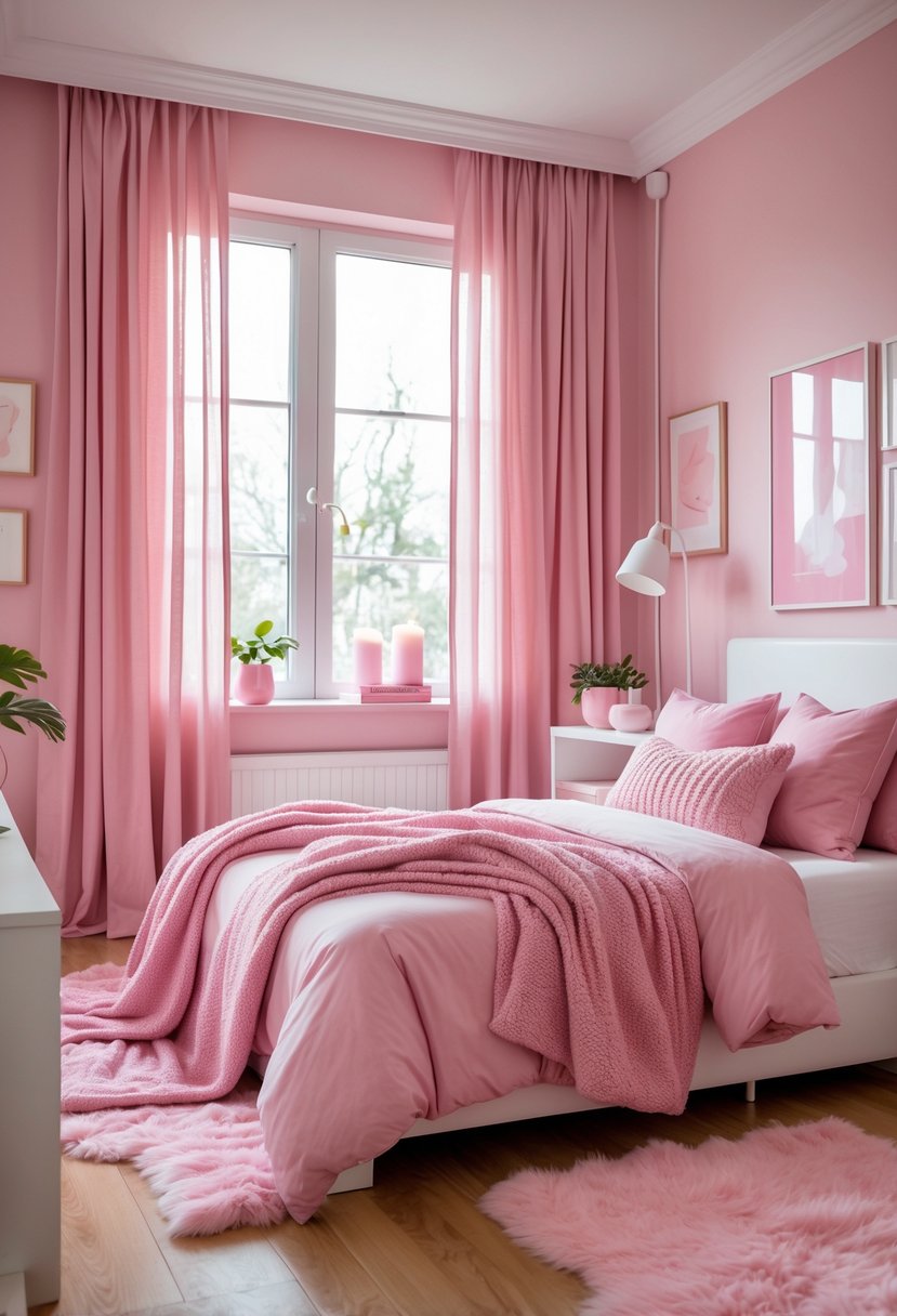 A bedroom with pink walls, pink bedding, a white bed frame, a window with pink curtains, a bedside table with a plant and lamp, and a pink rug on the floor.