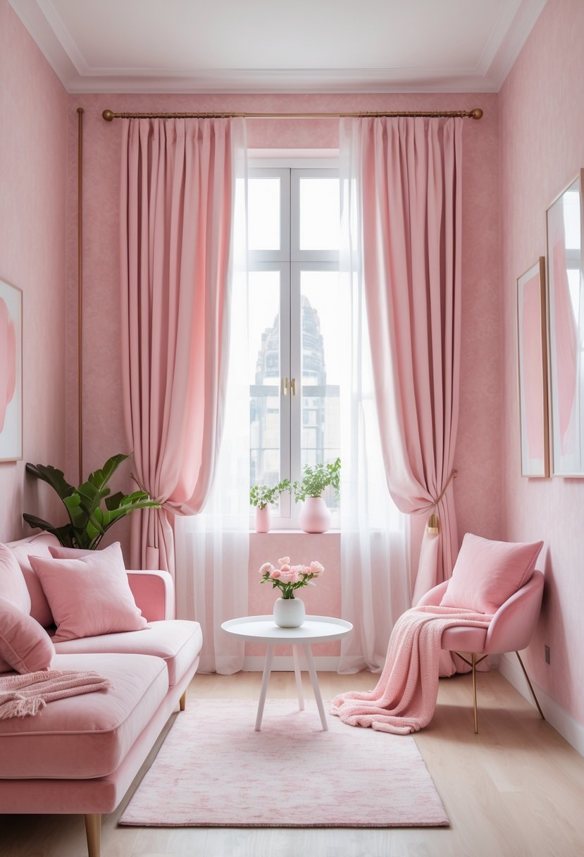 A cozy room with soft pink walls, a blush pink sofa, light wood flooring, and natural light coming through a window.
