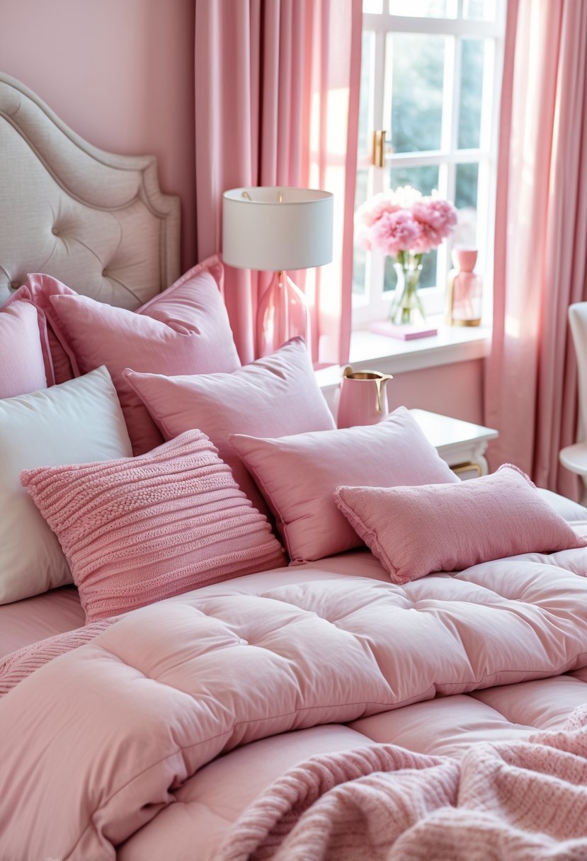 A bedroom with a bed made up in pink bedding, pink pillows, a bedside table with a lamp, and sunlight coming through the window.