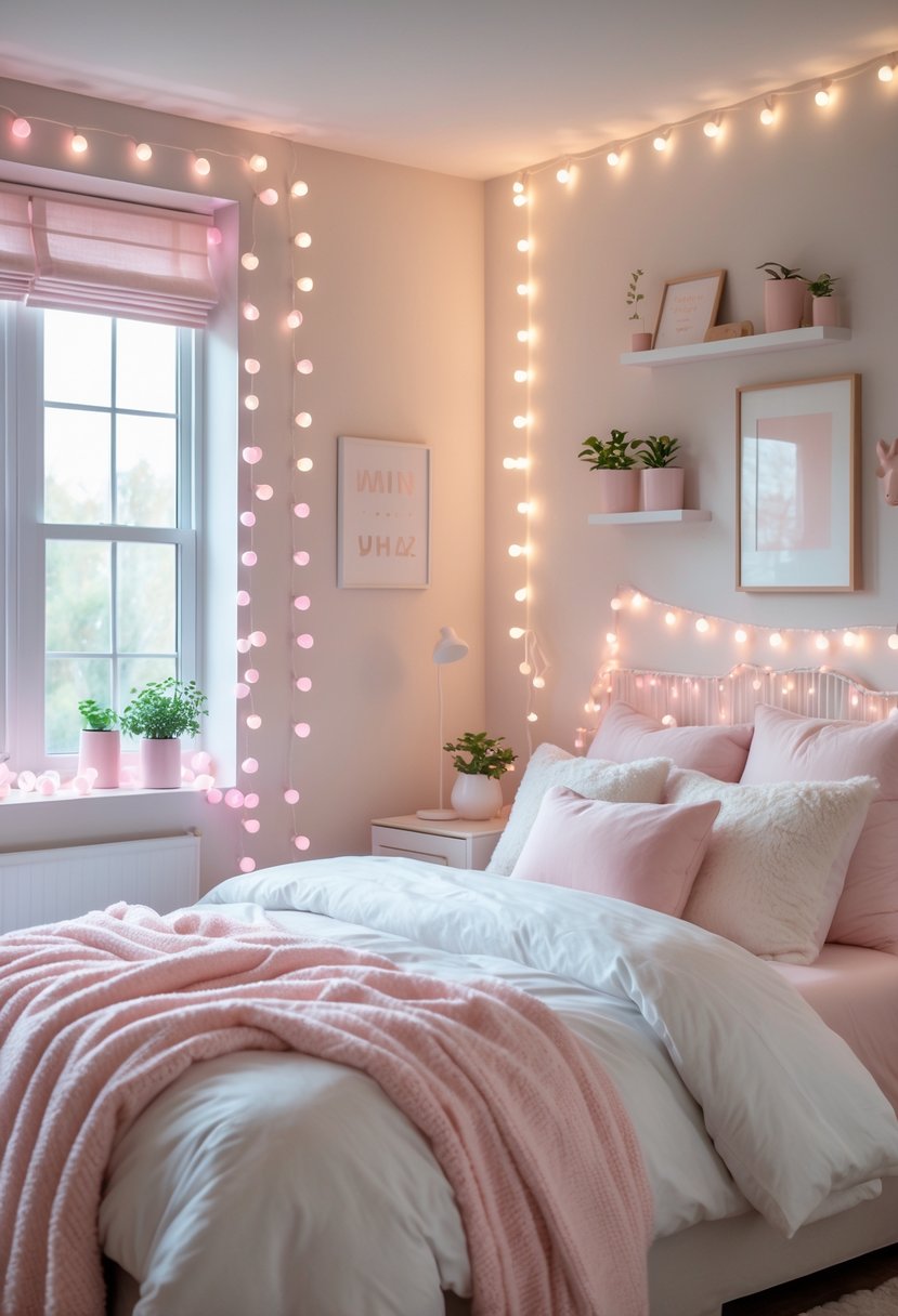A bedroom with pink and white string lights draped around the bed and window, featuring pink and white bedding and simple decor.