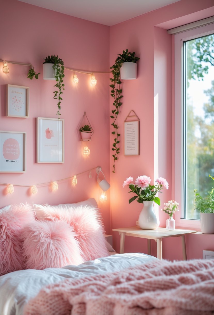 A corner of a pink bedroom with cute wall decorations, a bed with pillows, a nightstand with flowers, and natural light coming through a window.