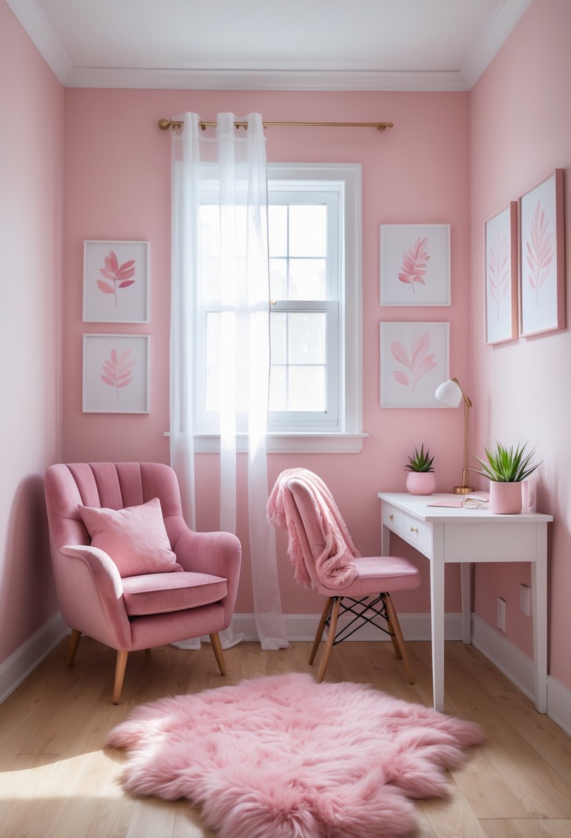 A small cozy room with pink walls, a pink armchair, a white desk, a fluffy rug, and natural light coming through a window.