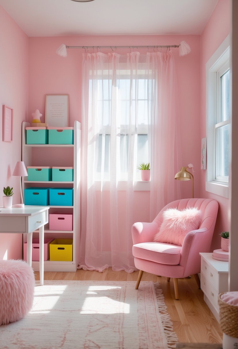 A cozy pink room with a white bookshelf, colorful storage boxes, a pink armchair, a white desk, and natural sunlight coming through a window.