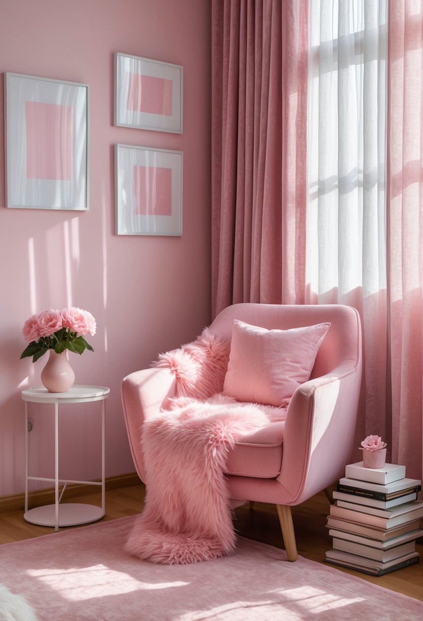 A cozy room with pink furniture, soft cushions, a throw blanket, flowers on a side table, and sunlight coming through sheer curtains.
