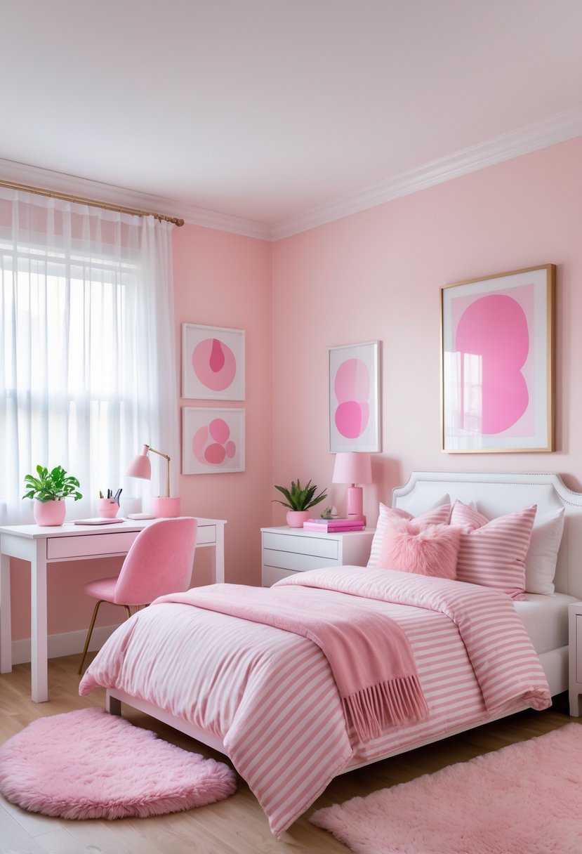 A bright bedroom with pink walls, a made bed with pink and white bedding, a white desk with a plant and lamp, and natural light coming through a window.