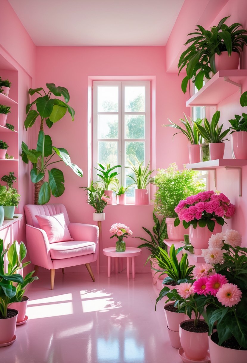 A pink room decorated with green plants and pink and white flowers, featuring soft pink furniture and natural sunlight.